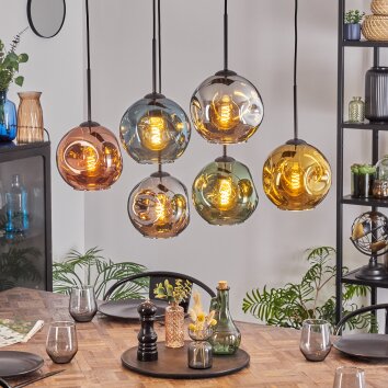 Ripoll hanging light, globe light, pendant light blue, chrome, gold, green, coppery, Smoke-coloured, 6-light sources