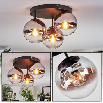 Gastor ceiling light, globe light chrome, clear, Smoke-coloured, 3-light sources