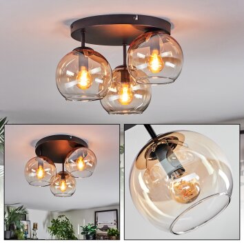 Koyoto ceiling light, globe light Amber, clear, 3-light sources