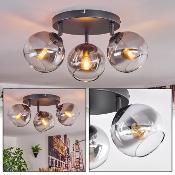 Koyoto ceiling light, globe light clear, Smoke-coloured, 3-light sources