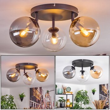 Gastor ceiling light, globe light Amber, chrome, clear, Smoke-coloured, 3-light sources