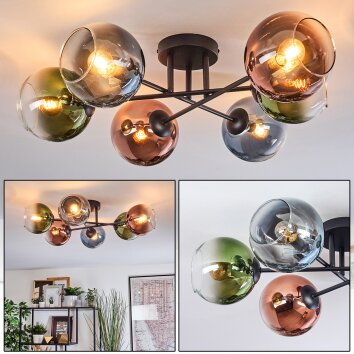 Koyoto ceiling light, globe light 59 cm blue, green, clear, coppery, 6-light sources