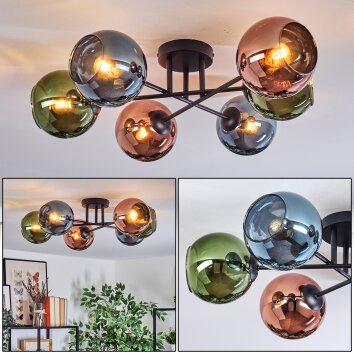 Koyoto ceiling light, globe light 59 cm blue, green, coppery, 6-light sources
