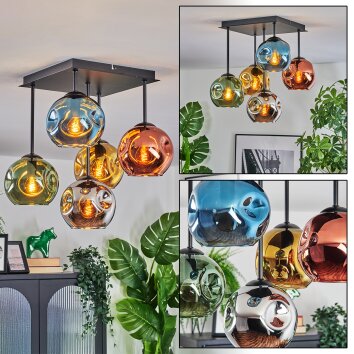 Ripoll ceiling light, globe light blue, chrome, gold, green, coppery, Smoke-coloured, 5-light sources