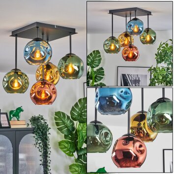 Ripoll ceiling light, globe light blue, gold, green, coppery, 5-light sources