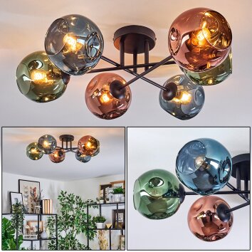 Ripoll ceiling light, globe light blue, green, coppery, 6-light sources