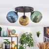 Koyoto ceiling light, globe light blue, gold, green, 3-light sources