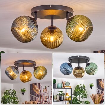 Koyoto ceiling light, globe light blue, gold, green, 3-light sources