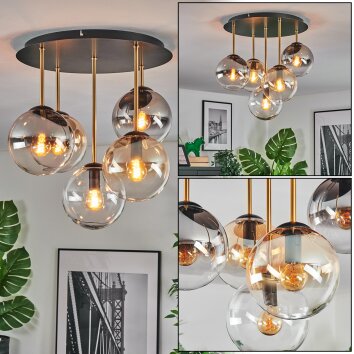 Gastor ceiling light, globe light brass, black, 5-light sources