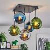 Gastor ceiling light, globe light 37 cm blue, chrome, green, Smoke-coloured, 5-light sources