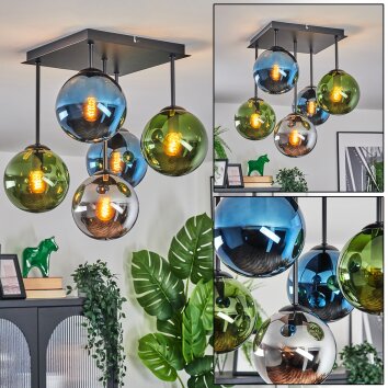 Gastor ceiling light, globe light 37 cm blue, chrome, green, Smoke-coloured, 5-light sources