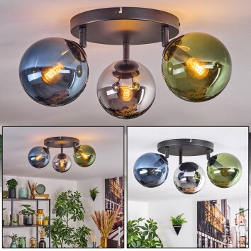 Gastor ceiling light, globe light blue, chrome, green, Smoke-coloured, 3-light sources