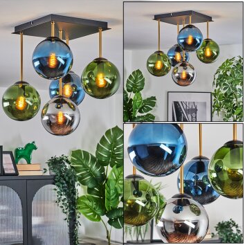 Gastor ceiling light, globe light gold, black, 5-light sources