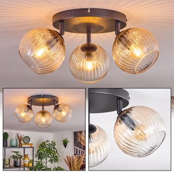 Koyoto ceiling light, globe light Amber, clear, 3-light sources
