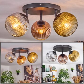 Ripoll ceiling light, globe light chrome, gold, clear, coppery, Smoke-coloured, 3-light sources