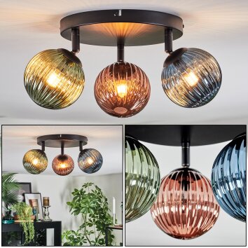 Chehalis ceiling light, globe light 44 cm blue, green, coppery, 3-light sources