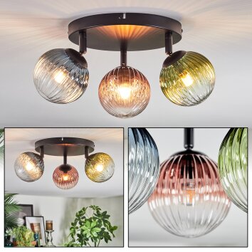 Chehalis ceiling light, globe light blue, green, clear, coppery, 3-light sources