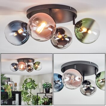 Chehalis ceiling light, globe light blue, chrome, green, clear, coppery, Smoke-coloured, 4-light sources