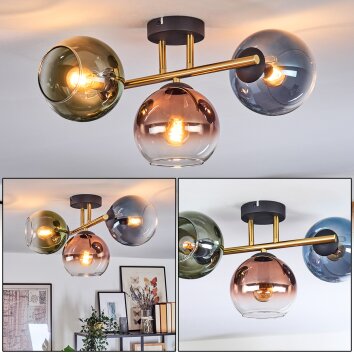 Koyoto ceiling light, globe light gold, black, 3-light sources