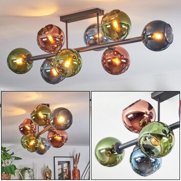 Koyoto ceiling light, globe light blue, green, coppery, 8-light sources