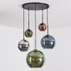 Koyoto hanging light, globe light, pendant light blue, chrome, green, coppery, Smoke-coloured, 5-light sources