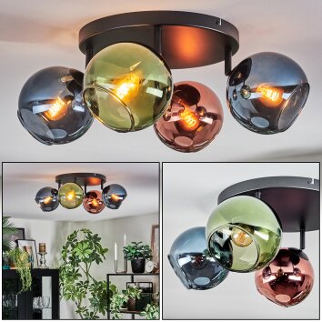 Koyoto ceiling light, globe light blue, green, coppery, 4-light sources