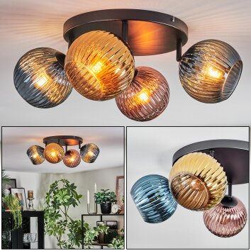 Koyoto ceiling light, globe light blue, gold, coppery, 4-light sources