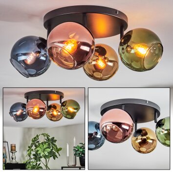 Koyoto ceiling light, globe light blue, gold, green, coppery, 4-light sources