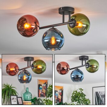 Koyoto ceiling light, globe light blue, green, coppery, 3-light sources