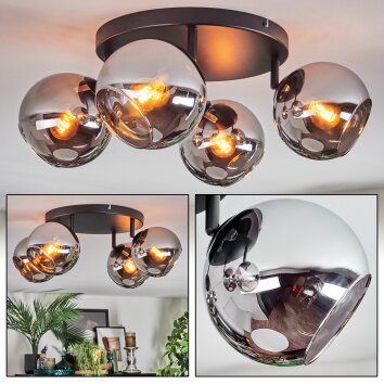 Koyoto ceiling light, globe light chrome, Smoke-coloured, 4-light sources
