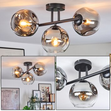 Ripoll ceiling light, globe light chrome, clear, Smoke-coloured, 3-light sources