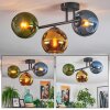 Koyoto ceiling light, globe light blue, gold, green, 3-light sources