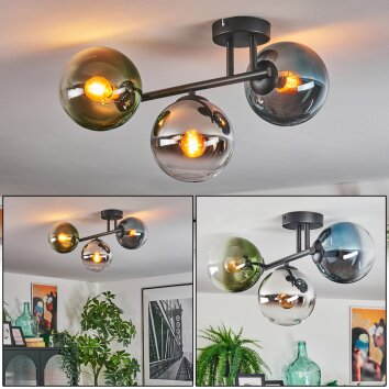 Gastor ceiling light, globe light blue, chrome, green, clear, Smoke-coloured, 3-light sources