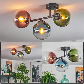 Gastor ceiling light, globe light blue, green, clear, coppery, 3-light sources