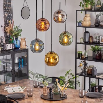 Ripoll hanging light, globe light, pendant light blue, chrome, gold, green, coppery, Smoke-coloured, 5-light sources