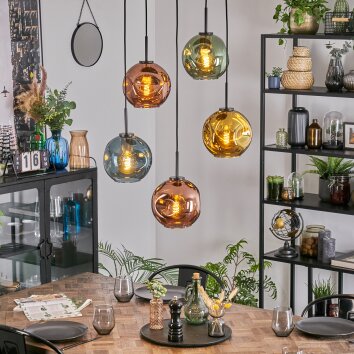 Ripoll hanging light, globe light, pendant light blue, gold, green, coppery, 5-light sources