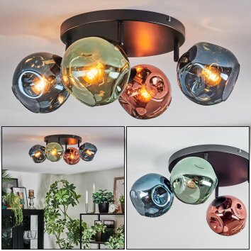 Ripoll ceiling light, globe light blue, green, coppery, 4-light sources
