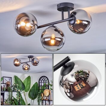 Chehalis ceiling light, globe light chrome, clear, Smoke-coloured, 3-light sources