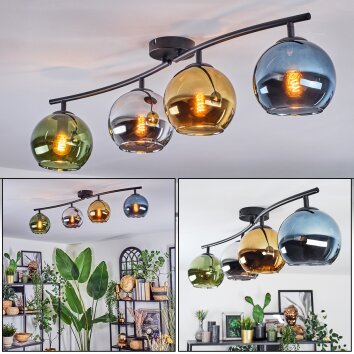 Koyoto ceiling light, globe light blue, green, clear, coppery, 4-light sources