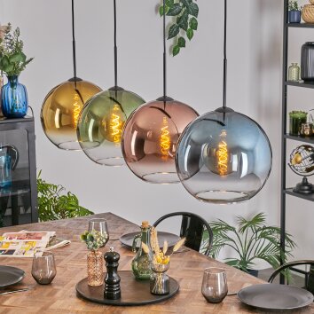 Koyoto hanging light, globe light, pendant light blue, gold, green, clear, coppery, 4-light sources