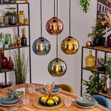 Koyoto hanging light, globe light, pendant light blue, gold, green, coppery, 4-light sources