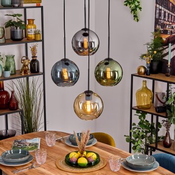 Koyoto hanging light, globe light, pendant light Amber, blue, chrome, green, Smoke-coloured, 4-light sources