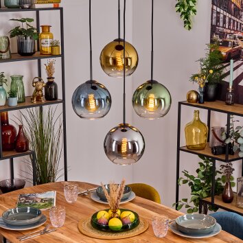 Koyoto hanging light, globe light, pendant light blue, chrome, gold, green, clear, Smoke-coloured, 4-light sources