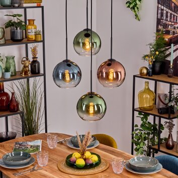 Koyoto hanging light, globe light, pendant light blue, green, clear, coppery, 4-light sources