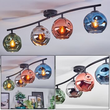 Ripoll ceiling light, globe light blue, chrome, green, coppery, Smoke-coloured, 4-light sources