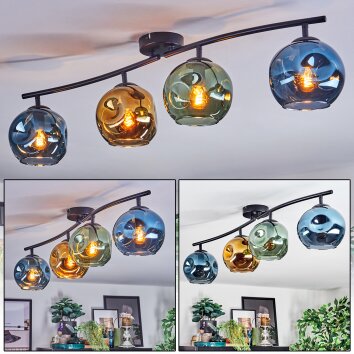 Ripoll ceiling light, globe light blue, gold, green, 4-light sources