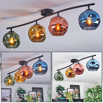 Ripoll ceiling light, globe light blue, gold, green, coppery, 4-light sources