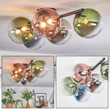 Chehalis ceiling light, globe light blue, chrome, green, clear, coppery, Smoke-coloured, 5-light sources