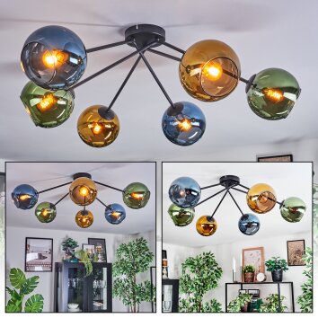 Koyoto ceiling light, globe light 77.5 cm blue, gold, green, 6-light sources
