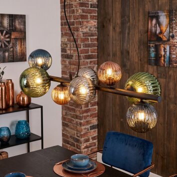 Chehalis hanging light, globe light, pendant light blue, green, coppery, Smoke-coloured, 8-light sources